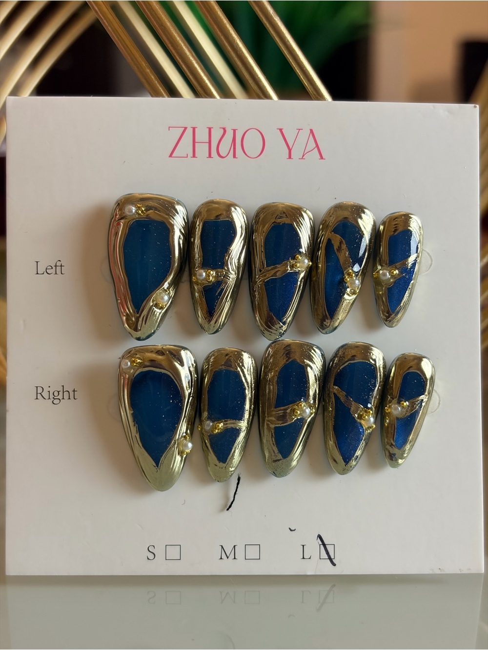 Navy Blue Metallic Gold Accent Press-On Nails-Large